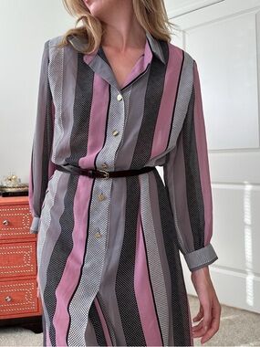 80's Silk Crepe Striped Vintage Shirtdress